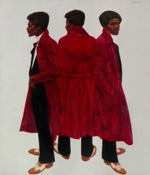 It seems that the same man, with dark brown skin, a black afro, mustache, and goatee, and wearing a cardinal-red coat over a black suit, is shown three times—once from the back at the center and facing the left and right edges of the canvas to either side—in this vertical portrait painting. All three views of the man float against a paper-white background. The man has a deep-set eyes under black brows, a wide nose, and high cheekbones. His thin mustache frames full lips, which are closed in all three views, and a line of black hair grows down his pointed chin. He wears a jet-black suit over a bright-white turtleneck shirt, and honey brown and ivory white wingtip dress shoes. The collar of his shin-length, red coat is popped up and the belt hangs loose in three views. In the version to our left, he faces that direction in profile with his eyes closed as he pulls the coat back to tuck his left hand, closer to us, into the pocket of his suit jacket. With his back facing us at the center, he turns his face to our left so we see the side of his cheekbone, the tip of his nose, and his eyelashes outlined against the white background. In the view to our right, his body faces that direction with the hand closer to us tucked into the coat pocket, and he turns his head to look toward or at us with shadowed eyes. The artist signed and dated the painting in the upper right corner: 