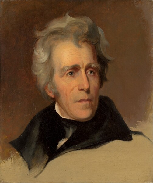 The head and shoulders of a man with light skin and gray hair nearly fills this vertical portrait painting. Shown against a peanut-brown background, the man’s shoulders are angled to his right, our left, and he looks in the opposite direction with slate-blue eyes. His gray hair curls around his forehead and over his ears. His bushy gray eyebrows gather over a furrowed brow and sideburns grow down past his earlobes. His long, straight, slightly hooked nose and high cheekbones are set into his pointed, oval-shaped face. His pink lips are closed over a rounded chin, which is framed by vertical wrinkles. The white edge of a collar peeks above the high neck of a velvety black garment with a wide collar. The area beneath the man’s shoulders is a dark ivory color, perhaps indicating that this painting is unfinished.