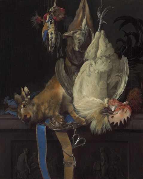 Two roosters, a rabbit, and three small birds hang from the top of this vertical still life painting, so the heads of one white rooster and the rabbit come to rest on a dark stone ledge, about two thirds of the way up the composition. To our left, the tawny-brown rabbit’s face faces us as the head rests on an azure-blue purse with silver lining. A pair of scissors is tucked behind the strap, which falls down over the ledge. To our right, the head of the rooster curves away with its red coxcomb coming toward us. A black fly rests on the rooster’s comb. The black tail feathers of another rooster plume out behind it, near the upper right corner of the painting. In front of the rabbit