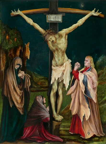 Three pale-skinned people stand around a cross from which hangs the twisted and bloodied body of a nearly nude man set in a dark, rocky landscape in this vertical painting. The man on the cross wears a ring of spiky thorns on his head and a white loincloth encircles his waist. His white skin is tinted green and covered all over with short red gashes. His body hangs heavily from his hands, which are nailed to the cross so his arms make a shallow Y shape. His head hangs down, and his eyes and mouth are open. His feet coil around a nail near the base of the cross. A man wearing a crimson-red garment under a pale blue and pink robe stands to our right facing the cross. He has blond hair, white skin, red rings around his eyes, and his fingers are tightly interlaced and twisted in an exaggerated prayer. One woman stands to our left, wearing a teal-blue and brown robe that covers her bowed head. She gazes down beyond her clasped hands and her mouth is downturned. A second woman wearing an ash-purple garment over a raspberry-pink robe kneels at the cross to our left. She holds her hands up at her chest as she looks up at the person on the cross, her mouth open wide. Rocky outcroppings rise along either side of the painting in the landscape, and a house is seen at the center beyond the cross. A dark disk covers a small bright moon in the dark blue, nighttime sky.