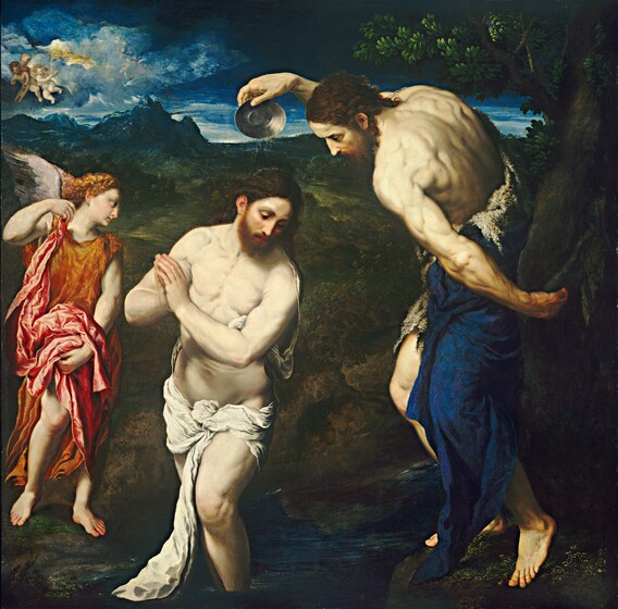 Bright light from the upper left illuminates two muscular men and a winged angel against a dim landscape in this square painting. They all have pale skin, and the two men have dark brown hair and beards. One man, Jesus, stands ankle-deep in a rippling dark blue stream in the center of the composition facing us with downcast eyes. He is nude except for a white cloth that drapes over one shoulder and is tied around his hips. The other end of the cloth drops into the water. Jesus’s hands are pressed together in prayer at chest-height closer to his right shoulder, to our left. He leans his torso in the other direction and looks down at the water. The second man stands on the riverbank to our right. His body faces our left but his left shoulder, closer to us, dips down so his broad back is angled toward us. His lower body is wrapped in a cobalt-blue garment bordered with what looks like sheepskin. His near hand swings back to clutch the trunk of a tree growing immediately behind him. In his other hand, he holds up a pewter-grey dish that dribbles water onto Jesus’s head. On the left riverbank, the copper-haired angel looks on, facing our right in profile but the body faces us. The angel wears a sleeveless, pumpkin-orange robe with a shimmering salmon-pink mantle draped over the right shoulder, to our left. Petal-pink and dark grey wings extend from the shoulders, and the lower legs and feet are bare. The shadowy landscape has a dark green field stretching back to jagged, sapphire-blue mountains along the horizon, which comes four-fifths of the way up this composition. Pale blue clouds skim across the vivid blue sky, where three chubby, winged babies float. One holds a triangle and a rod with which to strike it, and another might hold a rectangular musical instrument. Blue clouds split nearby to show a sliver of golden yellow light, and possibly more angels.