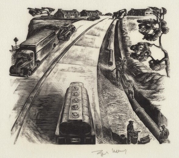 Untitled (Curving Street With Trucks and Car)