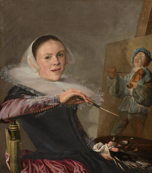 Shown from about the waist up, a woman with smooth white skin sits in a chair facing our right in front of a canvas on an easel in this vertical portrait. She leans onto her right elbow, which rests on the seat back. She turns her face to look at us, lips slightly parted. Her dress has a black bodice and a deep pink skirt and sleeves, and she wears a translucent white cap over her hair, which has been tightly pulled back. A stiff, white, plate-like ruff encircles her neck and reaches to her shoulders. She holds a paintbrush in her right hand and clutches about twenty brushes, a paint palette, and a rag in her left hand, at the bottom right of the canvas. The painting behind her shows a man wearing blue and playing a violin.