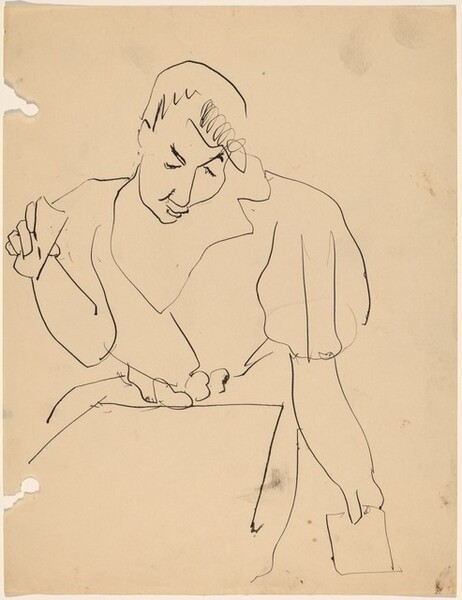 Woman Seated with Pad in Lap and Holding Paper in Each Hand