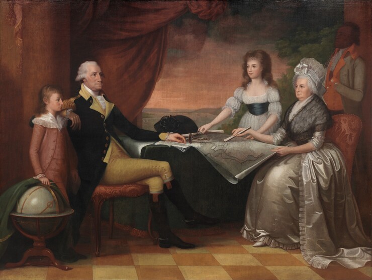 A light-skinned man, woman, boy, and girl, and a brown-skinned man sit and stand around a table spread with papers and a map in this horizontal portrait. The light-skinned man sits on a red upholstered chair at the table to our left, and his body faces our right in profile. His legs are crossed, and he rests his right elbow, closer to us, on the back of the chair. He has a sloping, rounded nose, dark eyes, jowls along his jawline, and his closed mouth juts forward. His left arm rests on an open pamphlet on the table next to a sword with a delicate silver hilt. To our left, the young boy stands also looks to our right in profile, next to the older man's chair. The boy wears a dusky rose-pink suit with a white lacy collar. With his right hand, he pulls back a dark green cloth covering a globe on a wooden stand along the left edge of the canvas. The woman sits at the right side of the table, across from the man. She has dark eyes, full cheeks, a double chin, and her pale lips are closed. She wears a voluminous ivory satin gown and petticoat with a black lace shawl, and an ivory cap with a satin bow covers her gray hair. She points to a spot on a map on the table with a closed fan held in her right hand. The young girl, wearing a gauzy white dress with a pine-green sash at the waist, stands on the far side of the table near the woman, holding the curling edges of the map. Behind the women, the brown-skinned man wears a rust-orange and gray uniform, and stands with one hand tucked into his vest in the shadows at the edge of the composition. His features are indistinct but he faces our left in profile. The room has a gold-and-yellow checkerboard floor, and a red cloth drapes from columns frame the scene to each side. It is unclear whether a river view at the back of the room is seen through an open window or door, or if it is a large painting behind the people.