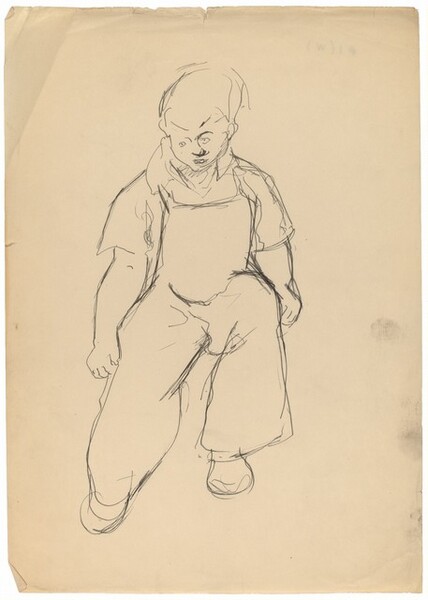 Seated Boy Wearing Overalls