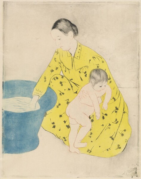 A woman kneels to test the water in a freestanding bathtub with one hand as she braces a nude child against her knee with the other in this vertical, colored print. The people and objects are outlined lightly with brown for the bodies and black for the woman’s clothing. Both the woman and baby’s hair are incised with delicate black lines. The woman’s hair is pulled back from a high forehead, and she has a straight nose, pursed lips, and a slight double chin. Her long-sleeved, floor-length dress has a narrow collar and is pleated across the chest and at the cuff we can see. The dress is filled in with a field of bright lemon yellow and patterned with a floral design. The baby turns toward the woman’s body and hangs their arms over her bracing hand. The baby has short, wispy, black hair with delicate facial features, a rotund belly, and satisfyingly pudgy rolls on the legs. The tub and lines indicating water are indigo blue. There are some smudges across the paper, especially at the edges.