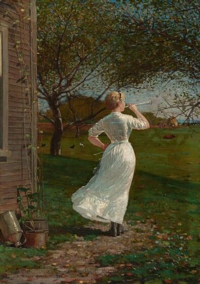 Facing away from us, a light-skinned woman blowing a silver horn stands in a grassy landscape in this vertical painting. The woman is lit brightly from the upper right, making her ankle-length, white dress glow. The sleeves are rolled back to her elbows, and a black ribbon fastens her blond hair in a net. We see the right edge of her cheekbone, and her skin is smooth and pale. She holds the horn up with her right hand and plants the back of her other hand on her hip. She stands with her heels together, wearing black boots. A strong wind from our right lifts and twists the hem of her dress and the thin ties at her waist. She stands on a patch of dirt within a leaf-strewn, grassy lawn. The edge of a building with wooden siding, presumably a house, runs parallel to the left edge of the painting. A vine grows up the corner of the house, and the very edge of a window frame is seen along the left side. At the corner of the house, two plants grow in pots, and an overturned, metal jug leans against the wall. An expanse of bright green grass stretches in front of the young woman. The land dips and rises a short distance away. A reddish-brown cow lies in the field beyond as black and white chickens peck the grass. The dark green canopies of trees growing to our left fill the top third of the painting. In the deep distance, a few dots of paint indicate people wearing white and red, working on a strip of brown land. One man works a plow pulled by a brown horse. A mounded, golden haystack sits farther back in that field. A strip of blue along the horizon could be water or distant hills. The turquoise sky above peeks through the canopies of the trees. The artist signed and dated the painting in the lower left corner, “WINSLOW HOMER. 1870.”