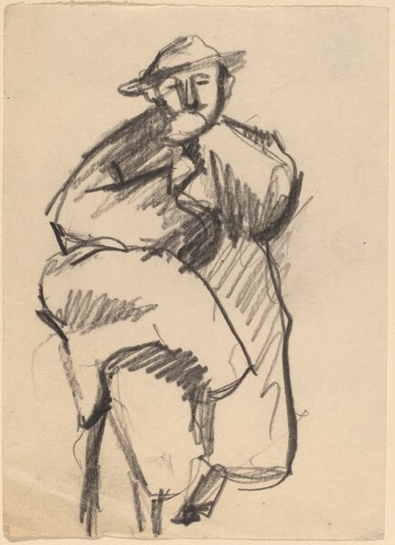 Seated Man Wearing Hat and Large Coat