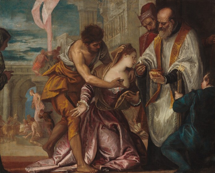 A man stabs a woman, Saint Lucy, in the chest while another man, a priest, holds a gold cup and offers her a small white wafer in this horizontal painting. Two man flank the priest, and the group is in front of a town square. Saint Lucy has pale skin and the men have tanned skin. In the center, Saint Lucy faces us and kneels with her body angled to our right. She turns her head away from us and toward the communion wafer with hermouth slightly open. Her copper-red hair is pulled back under a golden-brown cloth, which falls over her shoulders. The bodice of her thistle-purple gown has been pulled down, and blood trickles from the dagger held there. Her long sleeves are lined at the cuffs with white ruffles, and her skirt puddles on the ground. The gown has a sheen, suggesting satin or silk. She holds one hand down by her side, palm facing us, and holds up the gold cloth by her chest with the other. The man with the dagger is to our left. He hunches over Saint Lucy, stepping onto his front foot from behind her shoulder. He has dark hair, and his face is in shadow. His white shirt and butterscotch-yellow clothing expose the muscular shoulder of the stabbing arm. His pants end at the shin, and his feet are bare. To our right, the priest is balding with a white beard. His face is lined as he looks down at Saint Lucy, his head tipped toward us. He wears a white robe with a gold stole. A man wearing celestial blue and holding a thick candle kneels facing away from us between us and the priest. Another man wearing red and plum purple looks at Saint Lucy from under dark, lowered brows on the far side of the priest. Across from this group, a sixth person edges into the scene from our left, so only their profile, a shoulder, and a hand are visible. Deep in shadows, they seem to look into the town square. That space is lined with tall stone buildings to our right and an arch on the far side. A few people and oxen gather around a woman wearing pink, who stands on a platform in the square. Two more people sit atop a platform above the woman, flanking an upward shooting pink stream, like a wide ribbon. Thin white and gray clouds veil the shadowy, marine-blue sky in the upper left quadrant.