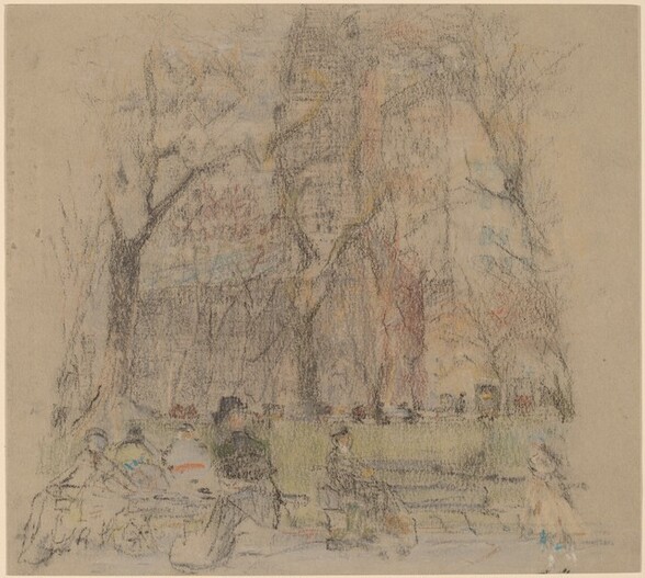 Untitled (Church and Figures on Park Benches)