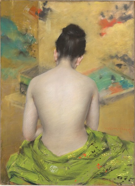 Shown from the hips up, a mostly nude woman with pale skin and dark hair pulled up into a loose bun sits with her back to us in this vertical pastel. Touches of sunshine yellow, scarlet red, and black suggest a pattern on the spring green cloth loosely encircling her hips along the bottom edge of the paper. She seems to hold her hands in front of her body so her elbows are bent and she looks down, perhaps at something in her lap. Her black hair is flecked with white to suggest glinting light. The background is filled with a golden yellow field interspersed with hazy turquoise, tomato red, sky blue, and black shapes. It is loosely rendered with pastel to create a blurry effect. Eventually it becomes evident that it is a Japanese screen with clusters of people, landscape, and perhaps a courtyard. The artist signed the work with red letters near the woman’s right hip: “Wm M Chase.”