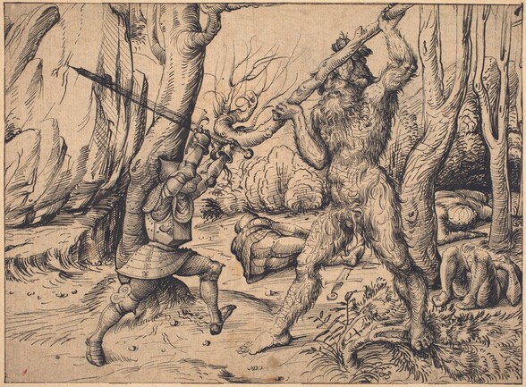 A confrontation between a man dressed in full armor and a second hairy, nude man twice his size is drawn with delicate black lines and hatching on tan-colored paper. These two men are at the center of this horizontal drawing, and trees, shrubs, rocky formations, and pebbles on the dirt ground create the setting. The armored man is to our left. He lunges forward and holds an oversized broadsword high over his helmeted head. To our right, the larger man is covered with wavy hair from head to foot. A thick, curly beard frames his scowling mouth, and he appears to wear a helmet made of bark or leaves. He also strides forward but holds up a wooden stick, really an almost in-tact trunk of a tree, to block the knight’s blow. The bodies of three people and a broken sword lie behind the wild man.