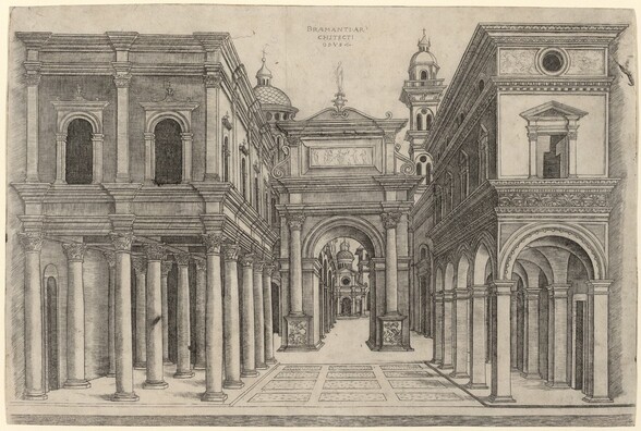 A Street with Various Buildings, Colonnades and an Arch