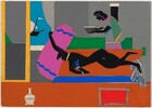 The black silhouette of a nude woman reclines on a sienna-brown surface with a bright magenta-pink pillow overhead, while another clothed, woman with black skin holds a bowl in this abstracted, horizontal collage. The scene is created with pieces of paper, each in a single, flat, saturated color. On the sienna-brown surface, presumably a bed, the woman lies on her stomach. One arm reaches overhead and wraps around the vibrant pink pillow. The other elbow is bent so her hand is behind her back. Her eye is indicated with a white sliver, and her mouth is open. Narrow white bands cross her neck, wrist, and upper arm of the bent arm. The hand behind her back is cobalt blue. One foot hooks over the end of the bed, pinning a piece of fabric against the edge. The paper here is the only one with a pattern, and it is checked in white, apricot orange, and sea green that together form nested diamonds against a denim-blue background. The second woman stands beyond the bed, facing our left in profile. A few swipes of white paint create an eye and a hairline against the black silhouette of her body. She wears a smoke-gray garment with a magenta-pink collar. There is a row of gray diamonds within a magenta band near her knees. A green cloak or cape hanging from her shoulders has a yellow band along the bottom hem, at hip height. She holds a gray bowl in front of her with both hands. An emerald-green band runs behind her, with charcoal and smoke-gray squares alternating along what reads as the back wall. A stylized window to the left has a pale gray curtain, and the view opens onto a baby-blue field with a black sailboat. To our left, a tall, nickel-gray rectangle stacked on a darker gray one is bordered by a buttercup-yellow band. The area immediately under the bed is a stripe of cobalt blue, and another sienna-brown band spans the entire width of the composition along the bottom edge. On it, a cream-white vase with a round body and tall neck sits to our left. The vase has a dark band across the body near the neck, and two across the middle. A crimson-red rectangle bordered with the checked, diamond pattern sits to our right.