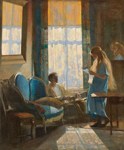 Backlit from sunlight pouring in through a tall window, a girl with waist-length, golden hair stands reading looking at a sheet of paper in profile, facing a person sitting in a chair in front of the window in the corner of the room in this vertical painting. Both people seem to have light skin though their faces are obscured by shadow. The window on the wall opposite us is to our left of center. The sheer curtain covering the window is painted loosely with strokes of lavender purple, pale peach, and cream white. Floral curtains flanking the window are painted with touches of teal and pumpkin orange. The top of the window is covered by a shade that glows marigold-orange in the sunlight, and the rails separating the windowpanes cast aquamarine-blue shadows on the sheer curtain. The standing girl tilts her head down to look at the unfolded piece of paper she holds. The hair from her forehead and down to her ears is pinned back, adding to the cascade down her back. She wears a short-sleeved, shin-length, topaz-blue, loose garment and dark slippers or shoes. She has pulled her right foot, farther from us, out of the slipper to rest on those toes. The woman across from her, to our left, sits in a wicker chair and looks up at the girl. Her brown hair is pulled back and she wears a pale, butter-yellow wrap around her shoulders. One hand rests along the arm of her chair and the other, farther from us, the pages of a book or newspaper. Her chair is tucked in next to a royal-blue couch that has a rounded back and wood trim, next to an armless wooden chair with a red upholstered seat. The girl stands behind a wooden tabletop that extends off the canvas to our right. A mirror hanging on the wall over the seated woman reflects the light from the window, and another mirror behind the girl reflects the far side of her head. The light from the window pours onto an area rug patterned with touches of sand brown, coral pink, turquoise, and white. The artist signed the painting with tiny letters in the lower right corner: “Daniel Garber.”