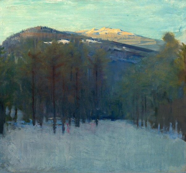 We look across a shaded field of snow, through a screen of loosely spaced trees at a cobalt-blue mountain that dominates this square landscape painting. The scene is painted with visible brushstrokes throughout. The base of the mountain comes about a third of the way up the composition, and a narrow band of vibrant turquoise sky runs above it, along the top edge of the canvas. The mountain curves up to its gentle peak to our left of center and slopes down gradually to our right. Patches of white snow stand out against the deep blue mountain just above the treetops. Trees along the mountaintop create a choppy contour against the sky. The broad summit of a second mountain beyond, to our right, is lit by the sun so the face is golden tan, shaded with denim blue. The slopes are painted with thick strokes that create texture on the surface of the canvas. The snowy field close to us is painted with loose brushstrokes in arctic blue. The trees are painted with deep, olive-green foliage or needles and tall, dark, straight trunks. Patches of topaz blue and fuchsia pink appear on the ground among trees to our left.