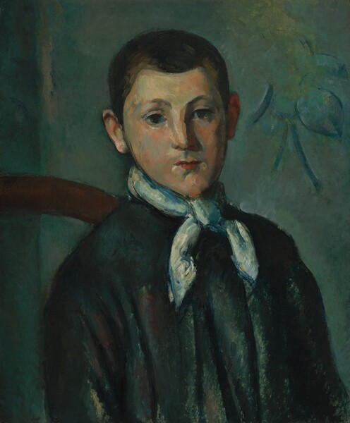 Shown from the chest up, a young boy wearing an aquamarine-blue jacket sits facing us in this vertical portrait painting. His body is slightly angled to our right and he looks just over our right shoulder. He has close-cropped, dark hair. His features and clothing are painted in patchworks of colors. For example, his pale face is painted with swipes of peach, straw yellow, stone blue, and olive green, especially around his large, dark eyes and small, cherry-red mouth. The scarf knotted around his neck is painted with daubs of light and azure blue, teal, putty gray, and white. His voluminous jacket has touches of red, blue, and lighter shades of green. He sits in a corner with walls washed with shades of aqua and turquoise. The rail of a brown chair curves behind his right shoulder, on our left, and is cut off by the left edge of the canvas. A cluster of darker green, leaf-like shapes suggest a design on the wall to our right.