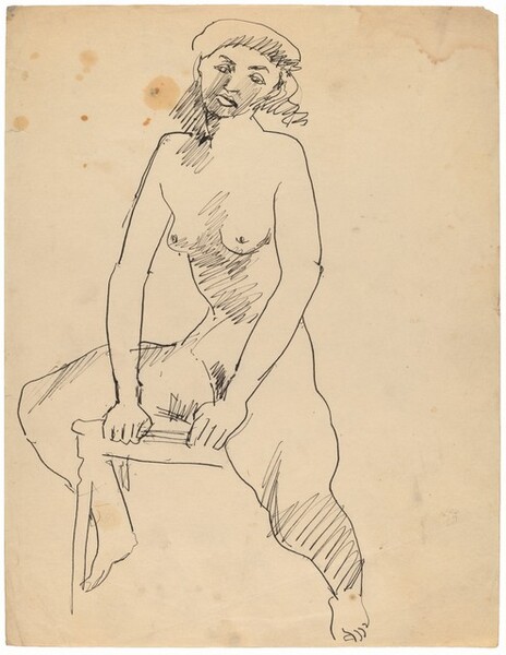Seated Female Nude, Legs Spread, Hands on Chair Seat