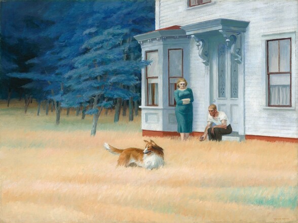 A light-skinned man and woman and a collie dog are outside a white house at the edge of a pale peach field of grass in this horizontal painting. Taking up a bit more than the top right quadrant of the composition, the house is white with pale blue shadows. Near the back, left corner of the house, the door has two tall, inset frosted glass panels and a shallow roof supported with scrolling, carved corbels. The door is flanked by a bay window on the left and a single window on the right. A shadowy grove of blue-green trees grows to the left of the house with one branch reaching toward the bay window. The woman faces us and stands between the bay window and door with downcast eyes and folded arms. Her blond hair is pulled or brushed back, and she wears a snug fitting, calf-length teal-blue dress. The man sits on the doorstep so his knees are angled to our left. His near arm drapes over his left knee and his far hand reaches toward the dog, his fingers and thumb touching. He has short blond hair and a ruddy face, and he wears a white t-shirt and olive-green pants. The dog stands in the middle of the field with its body angled to our right, its pointed ears and tail pricked up as it swivels its head to look to our left. It has an auburn-brown coat with white belly, chest, and tip of the tail. There are a few areas of spearmint green in the otherwise peach-colored grass, which is tall enough to brush the belly of the dog. The artist signed the lower right, “EDWARD HOPPER.”