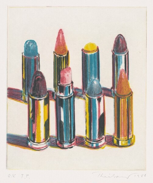 We look slightly down onto eight cylindrical, metallic tubes of vibrantly colored lipsticks standing in two rows of four against a cream-colored background in this nearly square print. The caps are removed and the tips are irregularly worn down to points, rounded tips, or flat tops. There are two teal-blue lipsticks, two peachy-pink, one rose pink, two plum purple, and one canary yellow. The tubes are painted with vertical bands of buttercup yellow, denim blue, black, white, and scarlet red to suggest reflections off shiny gold and silver tubes. Shadows angling off to our left at the foot of each tube are created with hatched lines in raspberry red and peacock blue. The artist signed the work in pencil in the lower right corner, “Thiebaud 1988,” and wrote “OK T.P.” in the lower left.