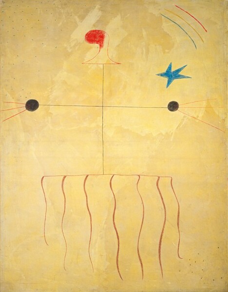 Two thin, black, straight lines create a cross above a band of widely spaced, vertical, wavy lines, all against a golden yellow background in this abstract, vertical painting. The cross and the band of wavy lines at its base nearly fill this canvas. Each end of the horizontal line of the cross ends with a black disk. Three crimson-red lines emanate like rays from the sides of each disk. The top of the vertical line of the cross ends with a scarlet-red form that flares into a straight line across the bottom and curves up and over, to our left. That shape is outlined in red and partially filled in with the same color at the curving end. At the bottom of the cross, seven vertical wavy lines are spaced along a horizontal line, all in maroon red. A turquoise-blue star floats over the black disk to our right, and three curved lines in blue, yellow, and red arch in a short, stylized rainbow near the upper right of the painting. The background is mottled with tan and ochre yellow, and speckled with topaz-blue dots mostly in the upper left and the lower right corners. The artist signed and dated the work in tiny letters near the lower right: “Miró 1924.”