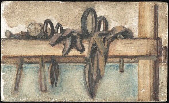 Untitled (still life with mallet, scissors and two gloves)