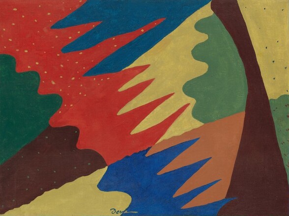 This horizontal, abstract painting is made up of flat areas of red, yellow, blue, green, brown, and orange to create shapes with curving, scalloped edges, zigzagging, teeth-like edges, or straight edges. Three rays seem to emanate from the bottom left corner with bands of pine green at the top, brown at the center, and yellow at the bottom. An opposing diagonal band of shapes crosses the rays from the top left to bottom right corner. That band is cherry red across the green and brown, and royal blue next to the yellow ray. The left border of the band is curved like scallops, and the right-hand edge is narrow, long zigzags. The rays change color past this band to be blue across the top, yellow at the center, and orange below. A tall brown form, like an abstracted tree trunk, extends up along the right edge of the painting. Fields of green to either side could suggest a tree’s canopy and grass. There are yellow speckles in one of the red areas, and green speckles in one of the yellow areas. The artist signed the work across two field of color at the bottom center. His name, “Dove,” is painted with blue letters “DOV” against a yellow background and the final “E” in yellow against the blue field.