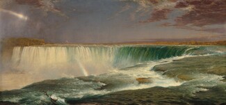 We hover over the bottle-green surface of a river as it rushes toward a horseshoe-shaped waterfall that curves away from us in this horizontal landscape painting. The water is white and frothy right in front of us, where the shelf of the riverbed changes levels near the edge of the falls. Across from us, the water is also white where it falls over the edge. A thin, broken rainbow glints in the mist near the upper left corner of the painting and continues its arc farther down, between the falls. The horizon line is just over halfway up the composition. Plum-purple clouds sweep into the composition at the upper corners against a lavender-colored sky. Tiny trees and a few buildings line the shoreline to the left and right in the deep distance.