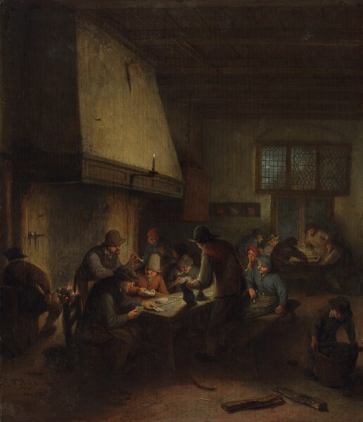Fourteen men gather around two tables in a dim tavern in this vertical painting. More men sit around a high, broad chimney, and another person, perhaps a boy, moves a basket the size of a laundry hamper in the lower right corner of the painting. The people all have pale, peachy skin, and they all wear hats. Their hats, jackets, and trousers are painted in shades of brick red, muted blue, gray, or brown with a few touches of brighter white at some of their collars. Several hold or smoke long-stemmed white pipes. The table closer to us is in the center of the composition, with one narrow end angling into the lower left corner. Five men sit on benches or ladder-back wood chairs around that table, playing cards or looking on. Another man on the far side of the table stands and leans on a forearm against the chair back of one of the players. The final man at this table stands on our side with his back to us. He holds a pewter pitcher in one hand, and that arm blocks the light source, presumably a candle. Five more men huddle around a table placed under a window on the far wall of the tavern, to our right. A man sitting with his back to us hides that candleflame as well, but the glow lights the men’s faces. The moon shines in through a second window above the first. A pair of men talk together at the far side of the fireplace. A single candle burns on the front center of the chimney, which is higher than the men would be if standing up straight. The corners of the room fall into shadow. Two logs, the broken stem of a white clay pipe, and a piece of curving wood lie on the ground near the boy with the basket. The artist signed the painting in the lower left corner, “Av Ostade” with an incomplete date, “166.”