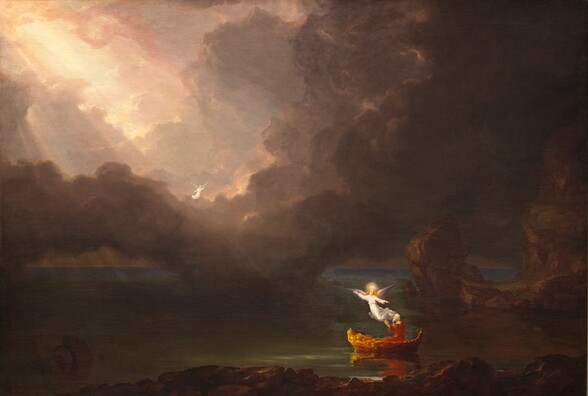 A balding, older man sits in a golden boat guided by a winged angel away from craggy rocks to calm waters, toward a shaft of light piercing a billowing bank of clouds in this horizontal landscape painting. The man and angel both have light skin. The man wears a crimson-red tunic and has a fringe of white curls and a long, white beard. He holds his hands up, palms facing out, as he looks toward the light in the upper left corner of the canvas. His golden boat is made up of wings and human bodies facing inward, the rudder and figurehead at the bow broken off. The man glides from low, jagged rocks in the lower right corner onto placid waters. Floating above the man and slightly to our left, the angel has long golden hair, a flowing white tunic, lilac-purple wings, and a bright starburst at the forehead. The angel gestures up to the shaft of light, where another angel has swept down into the cloud bank. Dozens of touches of white paint farther up in the clouds, closer to the light in the top left, suggest more angels descending toward the scene below. Concentric rings of clouds darken from butter yellow in the upper left to pale mauve and muted plum purple across the landscape. The artist signed the painting as if he had inscribed his name and date on a rock near the lower left, “T. Cole 1842.” A second inscription, to the right of center along the lower edge on another rock, reads “Rome.”
