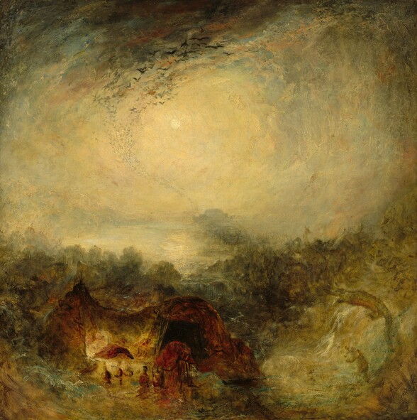 A butter-yellow sky fills the top two-thirds of this square landscape painting while in the bottom third, a brown structure is surrounded by golden yellow and pine-green forms like clouds. The scene is loosely painted with visible brushstrokes, so much of the detail is indistinct, and the view seems hazy. Clouds spiral around the sun or moon, painted as a pale yellow disk, hanging in the center of the sky. The golden yellow clouds near the center darken to slate gray then rust brown, and nearly wine red along the top edge. A flock of birds painted as a dense band of navy and denim-blue Vs curve around the sun and continue into the deep distance. Below, touches of burgundy red and brown could indicate people or animals around the arched, copper-brown structure. Cloud-like puffs in forest green and golden yellow could be a forest or wildly crashing waves. A few faint outlines in this area suggest a bear, crocodile, giraffe, and maybe other ghostly creatures.