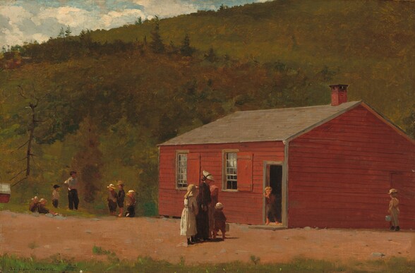 Light pours over a woman and a dozen children of different ages standing in small groups near a boxy, red schoolhouse in this horizontal painting. The people all have pale or tanned skin and wear clothing in earthy tones of brown, black, white, and pale yellow. The woman stands at the lower center of the composition on a dirt-packed area in front of the building. She wears a white hat tied with a black ribbon under the back of her hair and a long black dress. Two girls in floppy hats, each wearing ankle-length dresses, and a young boy holding a pail stand around her. The other children wear pants and long-sleeved shirts, and some wear hats. A child stands in the open doorway along the right edge of the schoolhouse. The building has two windows on the same side as the door and a short chimney on the shallowly angled gray roof. On the short side of the building, a child paints the letters “WH” in white on the red boards of the building. A hill rises behind the schoolhouse and off the top right corner of the canvas. A sliver of white clouds against a pale blue sky cuts across the top left corner. The artist signed the painting in the lower left corner, “WINSLOW HOMER.”