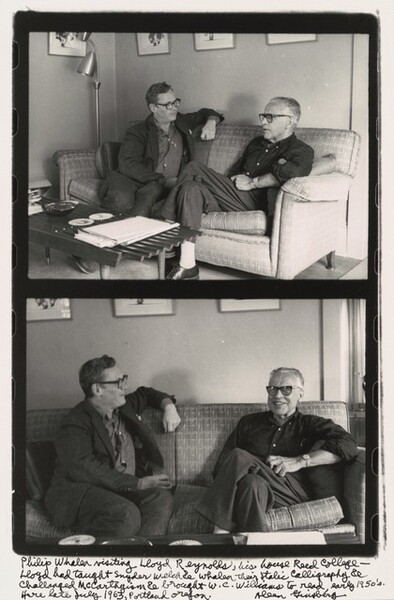 Philip Whalen visiting Lloyd Reynolds, his house Reed College- Lloyd had taught Snyder Welch & Whalen their Italic Calligraphy & Challenged McCarthyism & brought W.C. Williams to read, early 1950