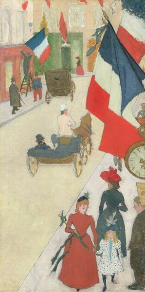 We look down at an angle onto a pale yellow city street lined with French flags in this tall painting. A carriage drawn by a light brown horse is driven away from us by a person wearing a muted pink jacket and white cap. The passenger wears a black coat and rounded top hat. Closer to us and in the lower right corner of the canvas, two women, a young girl, and a man stand on the white sidewalk running parallel to the street. They all have pale skin. One woman wears a high-necked, long red gown and black cap. She cradles a stick or flower in one arm and holds the little girl’s hand with her other. The girl wears a white dress with tiny black polka dots, and a teal-blue, feathered cap. Both have blond hair. The man stands under the large, gold dial face of a public clock to our right. He has gray hair, wears a brown suit, and appears to look toward the woman and child with his hands in his pockets. Another woman wearing an ocean-blue dress and crimson-red cap walks away. A second carriage is farther down the road on the far curb. Two men and a woman walk across store fronts there. Flags vertically striped with red, white, and blue hang along the street. The scene is loosely painted with some areas of flat color and visible brushstrokes.