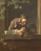 A young white man and child are framed within the rectangular opening of a stone window in this vertical painting. At the center, the young man leans towards us over his forearms, which rest on the wide ledge. Angled to our right, he holds a long straw to his mouth to blow a large, glistening bubble that hangs on the opposite end. A second straw rests in a glass cup filled with white liquid, presumably soapy water, that sits near his right elbow, on our left, and he looks down at the bubble. His chestnut hair is tied back with a black ribbon, and curls hang down from his temple. He wears a brown jacket over a white shirt. A younger child peeks over the ledge to our right and also looks towards the bubble. Seen from the nose up, the child wears a hat that curves up and over the crown of the head. The face of the brown stone building into which the window is cut seems close to us. A vine of ivy climbs up the face of the building to our left. 