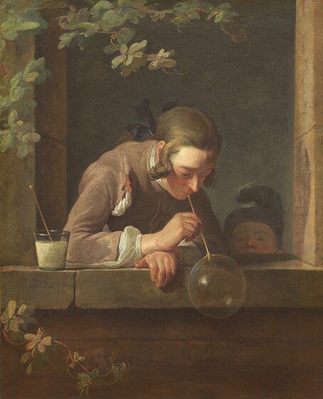 A young man and child, both with pale skin, are framed within the rectangular opening of a stone window in this vertical painting. At the center, the young man leans toward us over his forearms, which rest on the wide ledge. Angled to our right, he holds a long straw to his mouth to blow a large, glistening bubble that hangs on the opposite end. A second straw rests in a glass cup filled with white liquid, presumably soapy water, that sits near his right elbow, on our left, and he looks down at the bubble. His chestnut-brown hair is tied back with a black ribbon, and curls hang down from his temple. He wears a brown jacket over a white shirt. A younger child peeks over the ledge to our right and also looks at the bubble. Seen from the nose up, the child wears a hat that curves up and over the crown of the head. The face of the brown stone building into which the window is cut seems close to us. A vine of ivy climbs up the face of the building to our left.