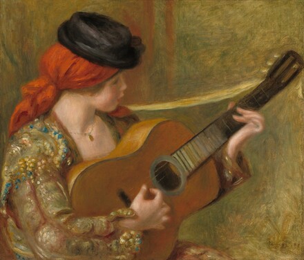 A young woman with pale, peachy skin and flushed cheeks sits facing our right in profile as she plays a guitar in this horizontal painting. The scene is painted with blended strokes, giving it a soft look and making some of the details indistinct. At the center of the composition, the guitar rests against the woman’s shoulder so it almost spans the width of the painting. The instrument has a caramel-brown body and the dark brown neck lightens to slate gray by the sound hole. The woman’s eyes are lowered as she looks toward her left hand, her long fingers pinning the strings along the fretboard. She plucks the strings with her other hand.  Her hair is covered in a tomato-red headscarf tied at the nape of her neck. One end rests on her left shoulder, farther from us, and the other hangs down her back. A low, flat-topped, black, brimmed hat sits atop the scarf. The woman’s features are delicate and her pink lips are parted. She wears a gold chain with an oval pendant around her neck. Her jacket is gold with a pattern loosely painted with dabs of lapis blue, butter yellow, and rose pink. A yellow ribbon or band is tied to the neck of the guitar and slung over her shoulder. The indistinct space behind her is painted with strokes of moss green, goldenrod yellow, and a few swipes of marigold orange near her face. The artist signed and dated the painting in brown in the lower right corner: “Renoir.98.”