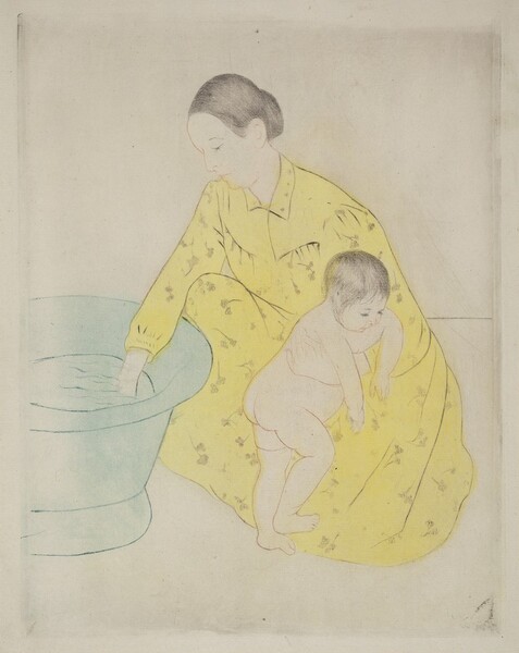 A woman kneels to test the water in a freestanding bathtub with one hand as she braces a nude child against her knee with the other in this vertical, colored print. The people and objects are outlined lightly with brown for the bodies and black for the woman’s clothing. Both the woman and baby’s hair are incised with delicate black lines. The woman’s hair is pulled back from a high forehead, and she has a straight nose, pursed lips, and a slight double chin. Her long-sleeved, floor-length dress has a narrow collar and is pleated across the chest and at the cuff we can see. The dress is filled in with a field of lemon yellow and patterned with a floral design. The baby turns toward the woman’s body and hangs their arms over her bracing hand. The baby has short, wispy, black hair with delicate facial features, a rotund belly, and satisfyingly pudgy rolls on the legs. The tub and water within are pale blue. There are some smudges across the paper, especially at the edges.