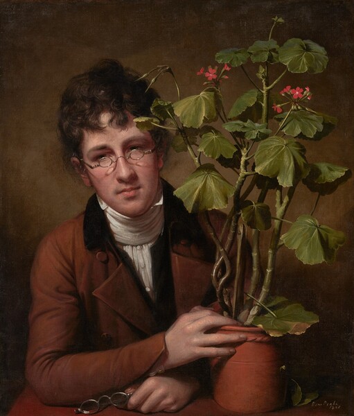 A young man shown from the waist up behind a tabletop takes up the left half of this vertical portrait, and a geranium in a terracotta pot takes up the right half of the painting. The man has pale, peachy skin and dark brown hair. He wears a pair of glasses with small oval lenses, a white neckcloth, and a brown coat. He looks down and to our left. He holds a second pair of silver-rimmed glasses in his right hand on the table, and his left hand, on our right, rests on the edge of the terracotta pot. The tall, leggy geranium nearly reaches the upper edge of the canvas and has two clusters of small red flowers near its top. The young man and plant are shown against a fawn-brown background. The artist signed and dated the painting in white letters in the lower right corner: “Rem Peale 1801.”