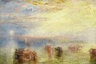 Butter yellow clouds and water, a periwinkle sky, and pale plum-colored buildings blend in hazy, indistinct bands across this horizontal landscape painting. The blurry horizon comes about a third of the way up the composition and the small, round, white sun shines low in the sky to our left. The sky or clouds around the sun are painted with shades of pale sapphire-blue with touches of lavender, which give way to a lemon-yellow clouds or haze in the right two-thirds of the sky. Buildings along the horizon, deep in the distance across the right three-quarters of the canvas, are loosely painted with vertical swipes of heather-pink and cream-white. The water, closest to us, reflects the yellow of the sky with additional touches of celery green. Brown boats spaced along the harbor carry people and objects away from us, towards the town. The paint is thickly applied in some areas, especially along the top of the sky, and the scene is loosely painted with visible brushstrokes throughout. 