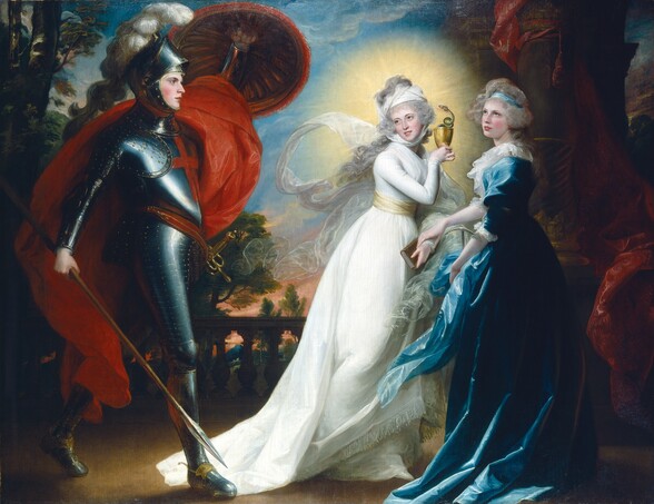 A knight in armor strides toward two women wearing long gowns in a balustraded terrace in this horizontal painting. The three people all have smooth, pale skin with flushed cheeks. To our left, the man’s entire body is covered in armor except for his face under a raised visor. He has blue eyes, and his rose-red lips are slightly parted. His helmet is topped with a plume of white feathers. There is a red cross on his chest and red fabric wraps over his far shoulder and billows down his back to his shins. He holds a round shield edged in red up over his head with his far arm, and holds a lance down by his side with the hand closer to us. A sword hangs from his far hip, and he strides forward onto his other leg. He gazes to our right. In the right half of the composition, the two women stand facing each other. Both have long, curly gray hair, delicate noses, gray eyes under arched brows, and their coral-pink lips are parted. At the center of the painting, one woman, Fidelia, wears a long-sleeved, floor-length white gown tied at the waist with a butter-yellow sash. White cloth wraps around her head and through her hair, and it flutters behind her. She turns her head to look up and to our left, and her head is surrounded by a vibrant, yellow glow. In her right hand, closer to us, she holds up a gold chalice with a snake curling from the cup, its mouth open and tongue flicking out near her hair. She holds a brown book in her other hand, down in front of her hips. The second woman, Speranza, faces Fidelia but she looks up and to our left. Speranza’s topaz-blue, satin dress has a gauzy white collar and cuffs, and the skirt pools around her feet. A sky-blue ribbon wraps through Speranza’s hair. With her far hand, Speranza touches Fidelia’s wrist near the book. With her other hand, closer to us, Fidelia gathers her dress and braces the curving prongs of a silver anchor across that arm. The trio is framed by tall trees on the left and columns swathed with burgundy-red curtains on the right. A balustrade between the man in armor and woman in white is silhouetted against a salmon-pink sky along the horizon. A screen of white clouds float against the aquamarine-blue sky above.