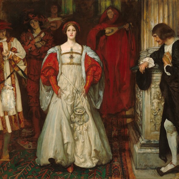 A young woman wearing a long gown strides toward us down carpeted stairs, in front of an entourage of several musicians and attendants in this square painting. The men and woman all have pale skin. The woman's dress has a long, cream-white skirt, and the white bodice is trimmed with gold and jewels. The vibrant ruby-red, puffy sleeves are gathered at the elbow and fit tightly over the forearms. She wears a red and gold headpiece over her bound, chestnut-brown hair. She has large brown eyes, a narrow nose, smooth skin, and her deep pink lips are closed. She looks slightly to our left and up. A white pouch with a cinched opening hangs from her waist. The pointed toe of one shoe peeks out under her skirt, which she lifts with both hands. Three men stand behind her in a line to our left, and another stands or walks behind her to our right. The man closest to us on the left is cut off by the edge of the painting. He wears a calf-length tunic with vertical bands alternating between cream-white and a gold-on-red pattern. He wears a wide-brimmed hat and holds a white ostrich-feather fan dangling from a string as he looks at the woman. The man behind him wears a floppy crimson-red hat and red costume with decorative slashes. He holds a tiny brown dog and a scroll to his chest, and he cuts his eyes toward the woman. Behind him, in the shadows, a bareheaded man plays a lute. A second lute player, to the right, wears a voluminous scarlet-red hood and robe and his lips seem parted as if singing. The rug beneath them is patterned with an angular design of red against forest green. A fluted, parchment-colored column encloses the scene to our right. The tall base of the column is elaborately carved with imgainary creatures. The fifth man, wearing black over a white shirt and white stockings, leans his elbow on the column base so his body faces our left in profile. He holds his hat in his right hand and clutches a book to his chest with the other. He has chin-length brown hair and mustache. He tips his head toward and looks at the woman.