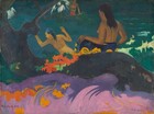 Two nude women with brown skin and long black hair stand with their backs to us at a riverbank in this stylized horizontal painting. The body of the woman to our left is angled to our left with her hands raised, presumably about to plunge into the teal-colored water. The woman to our right unwraps a cloth patterned with bright yellow flowers on a deep purple background from her waist. Between the women and farther away, a bare-chested man, also with brown skin, wears a tomato-red garment across his hips as he stands hip-deep in the water holding a long spear. The top of his head is cropped by the top edge of the painting. Along the left edge of the canvas, a gnarled tree is painted as a flat field of dark, charcoal gray, and it rises off the side and top of the composition. An area of the same color, perhaps a thick root or the trunk growing nearly horizontally, spans the width of the painting, separating the women from us. The area around the trunk to our left and right is painted with fields of evergreen and cool mint. Closer to us, along the front of the root, a field of rosy pink swirls with grape purple to suggest sand. This area is dotted with harvest-yellow and pumpkin-orange vines and stylized flowers. A bunch of vivid orange flowers with pine and spring-green leaves sits on the root near the trunk, to our left. Most of the painting, especially the landscape, is painted with areas of mostly flat color. In the bottom left corner, the artist has written the title of the painting in darkred paint: “Fatata te Miki.” In the lower right corner, he signed and dated the work with periwinkle blue: “P. Gauguin 92.”