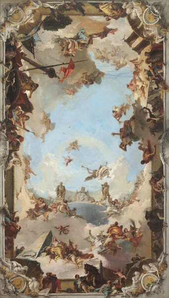 We look up through an opening surrounded by a stone ledge, with clusters of people and clouds swirling into a blue sky up and away from us in this vertical, rectangular painting. From a distance, the scene looks like a complete illusion but up close, the people, clouds, and architecture are sketchily painted. The ledge running around the opening has a gold, oval medallion at each corner. Appearing to be carved from white stone, two bearded men with long hair recline against each medallion, flanking them to each side in front of large shells that curve up over the people and frames them. A few architectural structures extend up into the sky, including a pointed obelisk in the lower left corner, a pair of columns at the upper right, and what seems to be the mast of a ship at the top left. Most of the people have pale skin but some have more tan complexions, and a few, including those wearing feather headdresses near the upper left corner, have brown skin. The people wear windswept robes of pale, butter yellow, robin’s egg blue, rose pink, and ivory. The eye may drawn to a few vignettes, such as the man holding a rearing, chestnut-brown horse on the illusionistic ledge near the lower right, a nun wearing a white robe and holding a cross above him in the clouds, and, farthest away, a crowned person sitting on a throne.