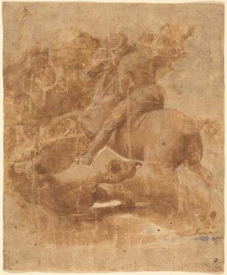 A man on horseback drives a spear into a dragon in this nearly square drawing. Created with brown washes on darkened, tan paper, the scene emerges slowly, and many details are indistinct. The horse faces away from us angled to our left. Its front legs rear up and its head turned so we see it in profile. The rider braces against the stirrup we can see and plunges a spear into a serpentine dragon to our lower left. Some areas are defined with cream-white or charcoal-gray lines. For instance, white lines shape the rider’s clothing and delineate where the underside of the horse stands out against the background. The horse’s eyes, nose, and parted mouth are drawn in with gray. A tiny star mark is near the lower left corner of the sheet and an incomplete black stamp with initials is in the lower right.