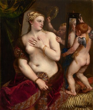A partially nude woman with pale, peachy skin sits to our left looking into a mirror held up by a nearly nude, winged child to our right in this vertical painting. The woman’s body is angled to our left but she looks across her body to our right. She holds her left hand to her chest, and her right hand grips the fur-lined edge of the scarlet-red, velvet fabric that drapes over that upper arm and around her hips. Her blond hair is coiled up in rows of pearls, and she has dark eyes, a straight nose, and her pale pink lips turn up in a subtle smile. A teardrop pearl earring hangs from the ear we can see, and she wears rings and gold bracelets. The child-like figure to the right stands on a gold-striped cushion facing away from us as he holds up the rectangular, black-framed mirror. He has small silver wings and a sash of golden yellow hangs from one shoulder around the opposite hip. A second child reaches from behind the mirror to hold up a ring of laurel leaves. A forest-green curtain is gathered in the upper left corner and the beige wall beyond falls into shadow to our right.