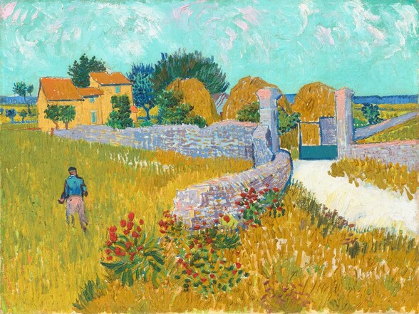 A white path and gray stone wall wind through ochre and harvest-yellow fields beneath a brilliant, turquoise sky in this stylized, horizontal landscape painting. The scene is created with long, visible brushstrokes of vivid color. Closest to us, the field is painted with vertical strokes of golden yellow and pea green. Touches of cardinal red and slashes of pine green create flowers around the end of the stone wall, which curves toward us from the background, at the center of this painting. The wall is painted with horizontal dashes of lilac and lavender purple, salmon pink, and periwinkle blue. A person wearing peach-colored trousers, a peacock-blue shirt, and a dark hat walks away from us, into the field, to our left of the wall. The white road enters the scene from the right, and meets the stone wall and a second wall on the far side of the road at a gate. Two columns rise from the walls to mark the spot of the gate, which opens into a property with three tall haystacks and a house. To our left, the house is painted with areas of warm yellow for the walls, honey brown for the roof, which is outlined in navy blue, and turquoise for the doors and windows. A few green trees, made of dots of bottle and forest green, are scattered near the house and haystacks. One sapphire-blue tree grows near the house. A band of azure blue along the horizon, which comes about two-thirds of the way up the painting, suggests a mountain range in the distance. Swirls of white suggest clouds in the turquoise sky. The paint is visibly textured throughout.