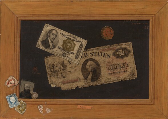 Two pieces of paper money, two coins, and a small black and white photograph of a bearded man seem to be affixed to a dark surface surrounded by a wide wooden frame, to which several stamps have been affixed in the lower left corner. A dollar bill with frayed edges is stuck to the black background across the center, and the lower left corner lifts up. The dollar bill has a portrait of George Washington in an oval at the center with “UNITED STATES” above. The serial number “Z143091888” appears in red to the left and is repeated in the upper right corner, and “ONE DOLLAR WASHINGTON DC” is printed in black to the right. Overlapping the top left of the dollar bill, another bill about half the size is printed with a portrait of a cleanshaven, light-skinned man in a high-necked coat and frilled collar, angled to our right but looking at us over a long, hooked nose and wide lips. To our right, the bill reads, “UNITED STATES FRACTIONAL CURRENCY,” and, below a seal, “FIFTY CENTS.” Above the dollar bill, a worn, copper-colored coin is held to the panel by three small prongs. The coin has the head of a person facing our left in profile. An inscription around the edge reads, “AUCTORI CONNEC.” A small photograph showing the head and shoulders of a bearded, balding man wearing glasses and a dark suit seems to have been tucked into the lower left corner between the dark background and the wood frame. Slightly behind the photograph, a silver coin resting on the ledge of the frame has a six-pointed star with a striped crest at the center, and is inscribed around the edge, “UNITED STATES OF AMERICA 1853.” Above the photograph is a dark circular stamp stuck with a pin. Attached to the bottom left corner of the wood frame are several different colored, cancelled stamps, some of them torn. In the bottom center, a piece of paper with the typed words “J. Haberle” seems to have been pasted onto the frame. The painting is inscribed in the upper right with red against the black field: “J. HABERLE NEW HAVEN, CT. 1887.” Upon closer inspection, we notice the edge of the wood frame is actually rough canvas. There also does not seem to be a gap between the painted picture and the wood frame. We eventually realize that all of it—the money, photograph, stamps, and frame—are all painted to create an illusion.