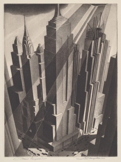 Printed with bands and blocks in shades of gray against cream-white paper, we look across and down onto a city block crowded with at least five skyscrapers in this vertical, stylized etching and aquatint. The bases of the buildings crowd densely within the city block, and they flare slightly outward as they extend up toward us. The faces of the building are flat, solid, and smooth, with no windows. The buildings nearly fill the composition but dark clouds peek in along the top edge of the print. Rays of sunshine and shadows are shown as alternating bands of light and dark falling diagonally across the building facades from the upper right. Black cars fill the streets running along the two sides of the city block we can see, and tiny dots suggest people walking on sidewalks far below. The print’s title is written in pencil in the lower left, “Man’s Canyons,” and signed by the artist in the lower right, “S. L. Margolies.”